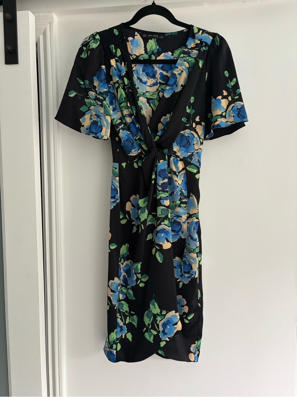 Zara Black Mini Dress with Blue, Green & Cream Floral Print